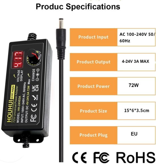 Regulowany zasilacz sieciowy 3A, 72W, zasilacz AC DC 3-24V - obrazek 3
