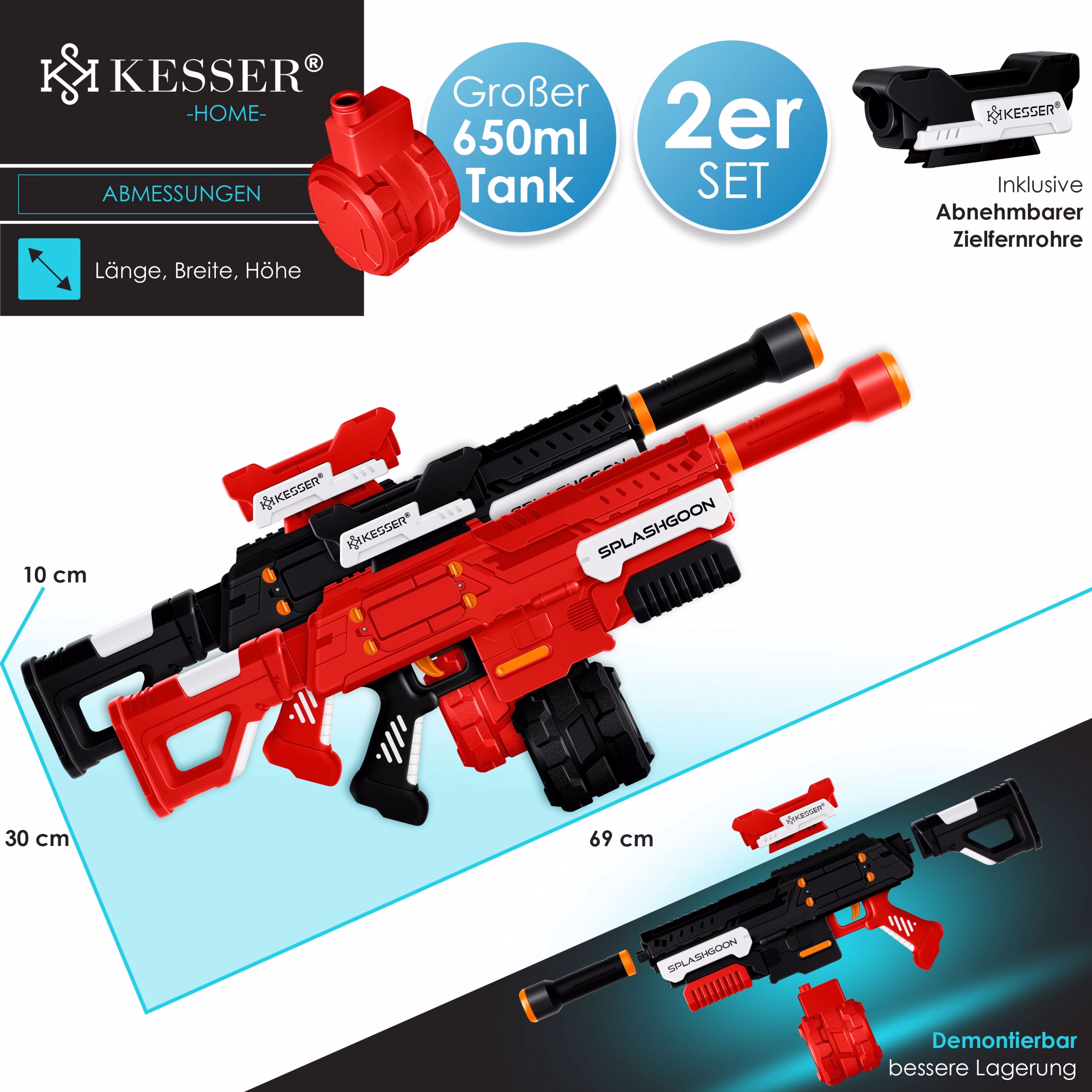 Zestaw Pistoletów Wodnych KESSER® – 2 Pistolety Wodne z Lunetą Bardzo Silny Zasięg 8m, Pojemność 650ml - obrazek 4