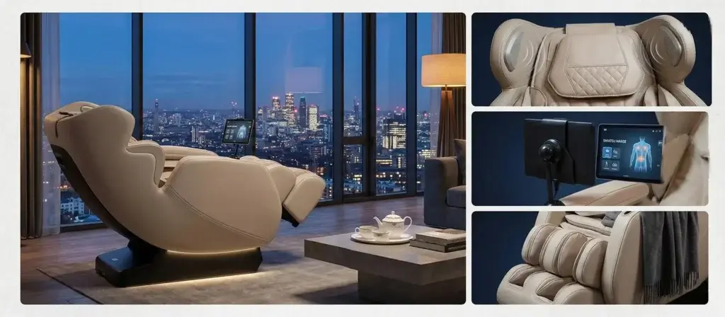 fotel do masażu koloru jasnego z rozbudowanym systemem masażu